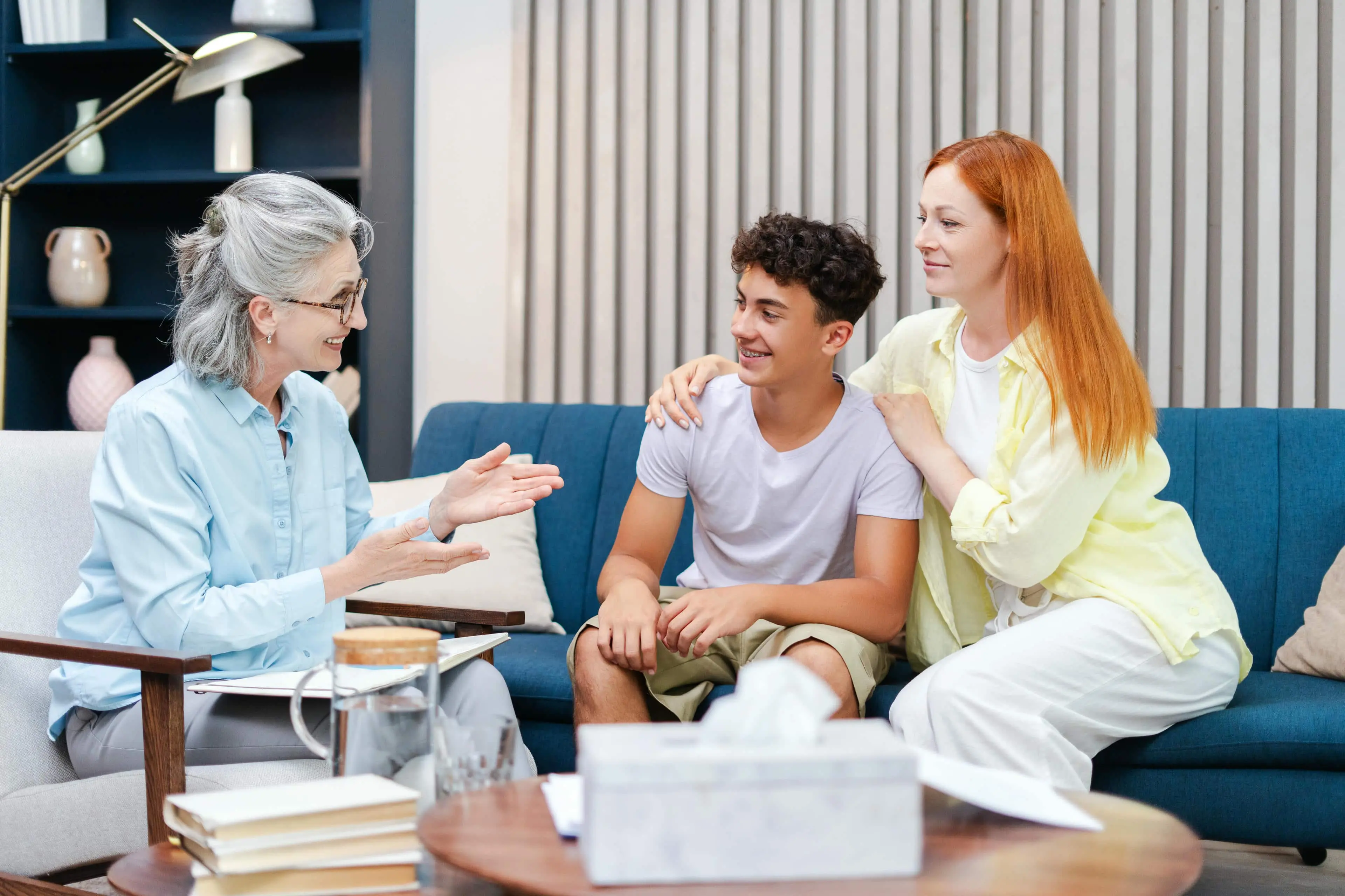 Family counseling session in a cozy room.