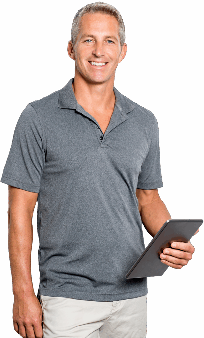 Man holding a tablet, smiling confidently.