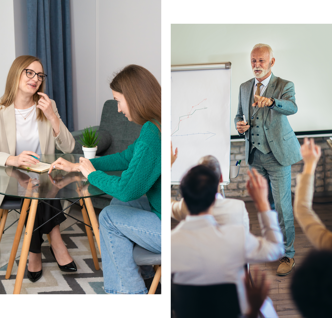 Two women talking, man presenting to audience.