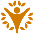 Stylized person with surrounding leaves, orange design.