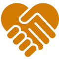 Heart-shaped handshake symbol on black background.